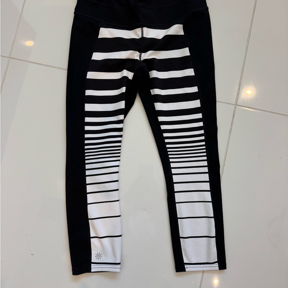 ATHLETA Black and White Striped Capri Leggings